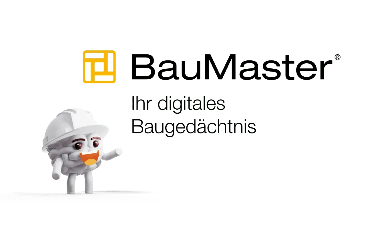 BauMaster logo with the claim “Ihr digitales Baugedächtnis” (your digital construction memory) and the mascot in a hard hat