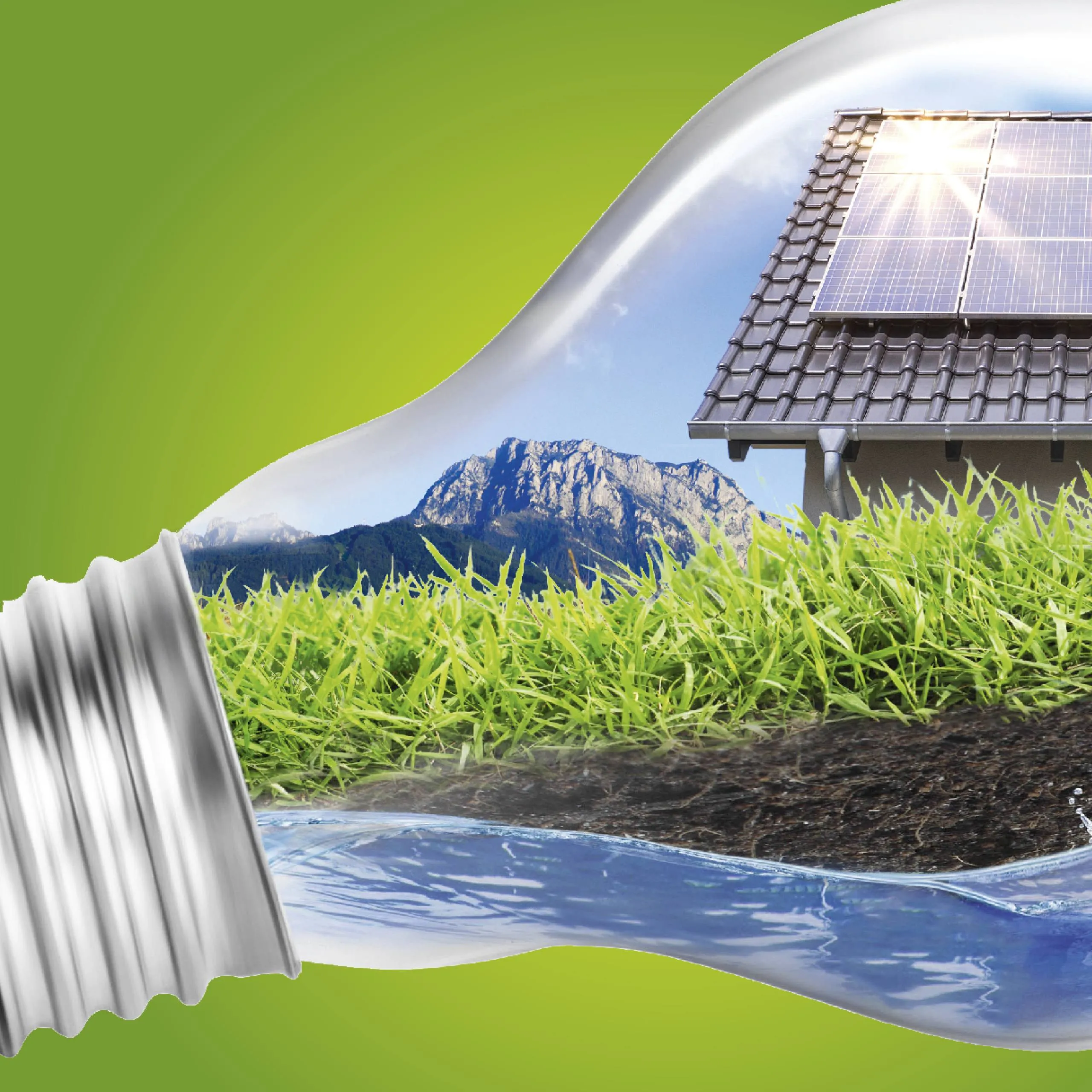 stromwerkstatt key visual – light bulb with a solar roof, meadow, mountains and water