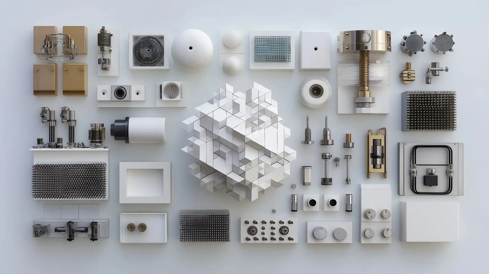Flatlay technischer Bauteile in Weiß, Metall und Messing rund um einen Würfel aus weißen Blöcken
