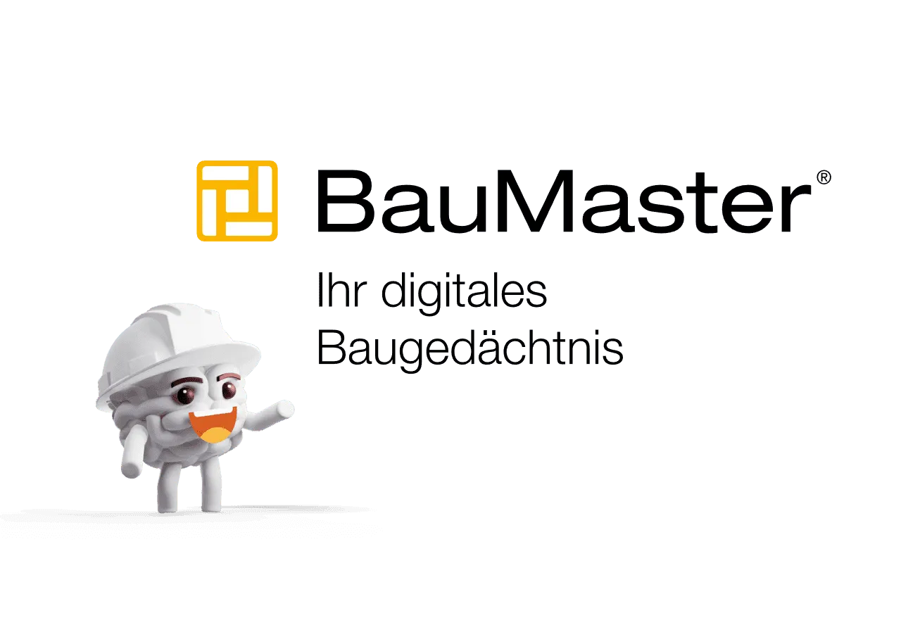 BauMaster logo, the claim “Ihr digitales Baugedächtnis” and the mascot
