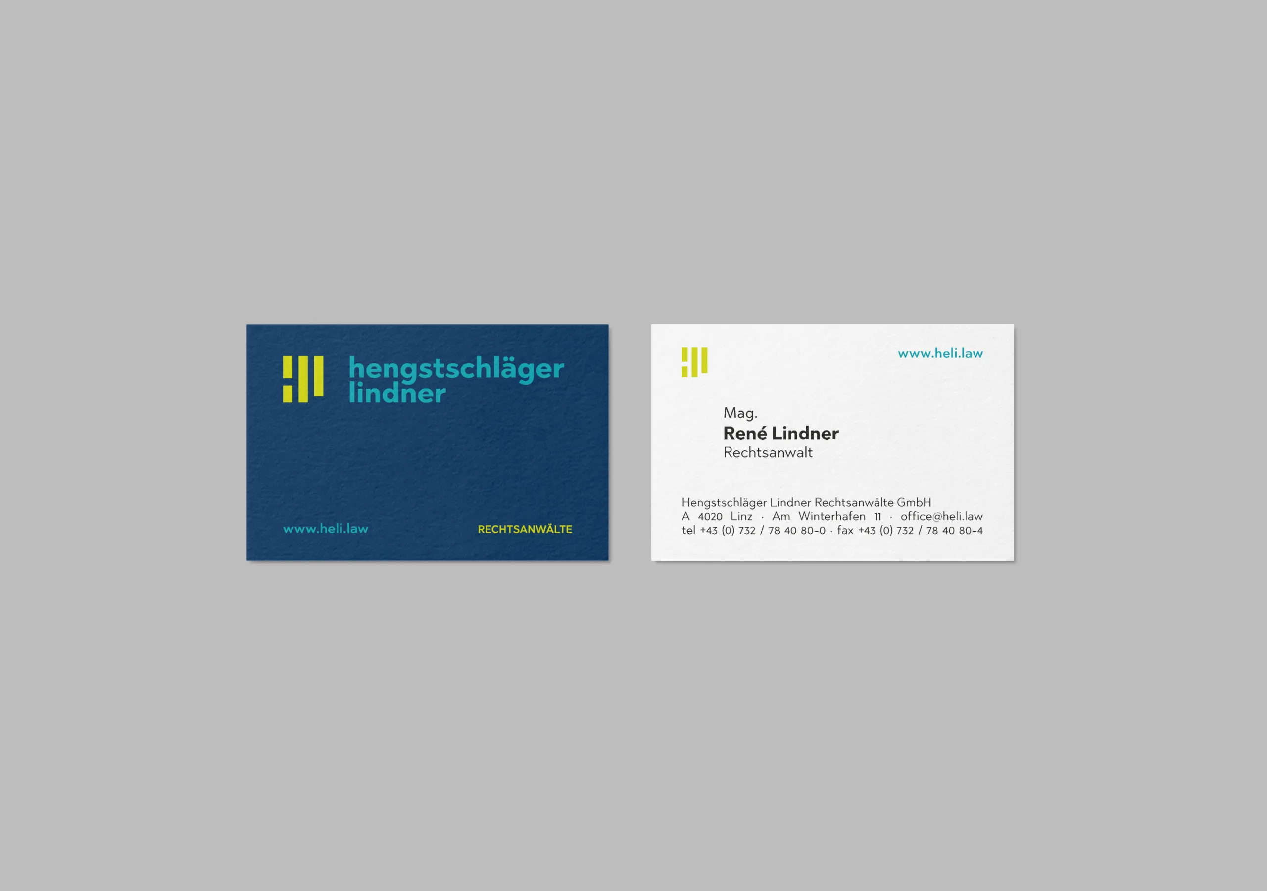 Business cards of hengstschläger lindner Rechtsanwälte, front and back